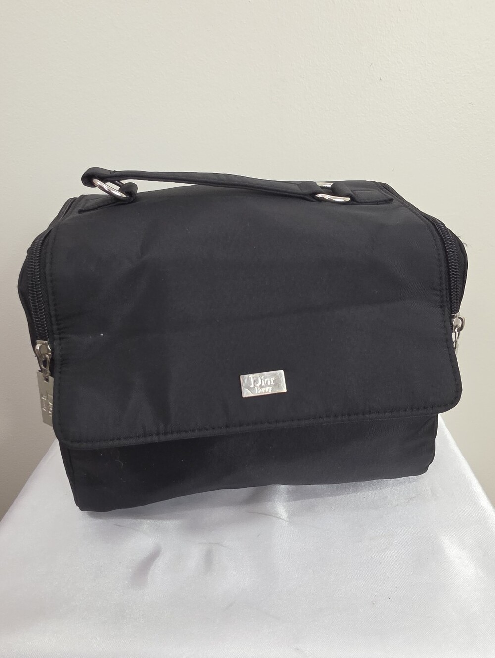 Dior Black Nylon Cosmetic Toiletry Bag with Silver Logo Plaque